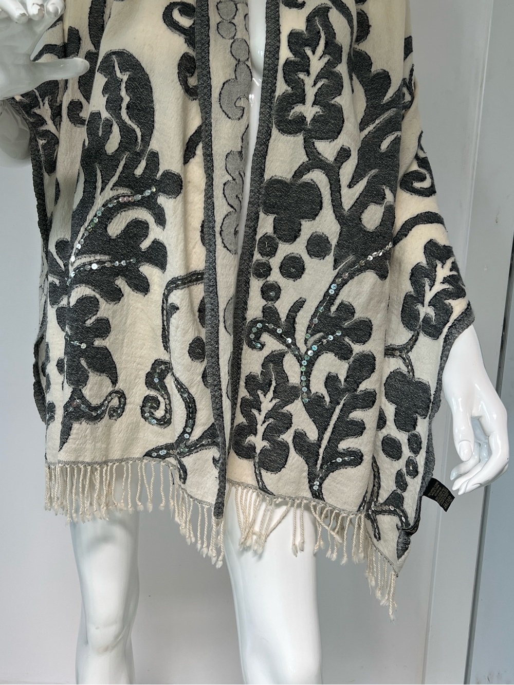 Luxury Wool Blend Floral Scroll Fringe Scarf Wrap Shawl sequins ,art to wear